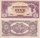 !!! RARR : MALAYA , OCUPATIA JAPONEZA - 5 DOLARI (1942} - P M 6 c - UNC / SERIA MR