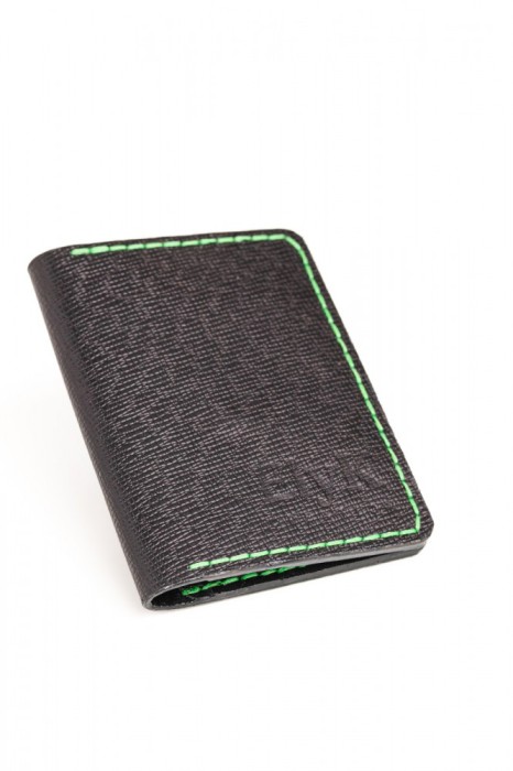 Portcard din piele naturala, lucrat si cusut manual, Orion, Handmade, Negru print ( cusatura verde ), Produs in Romania