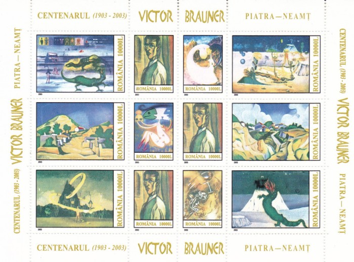 ROMANIA 2003 LP 1613 CENTENAR VICTOR BRAUNER BLOC DE 12 TIMBRE MNH