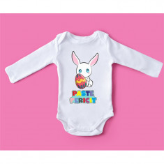 Body personalizat bebelus "PASTE FERICIT BEBE IEPURAS", Alb, Bumbac