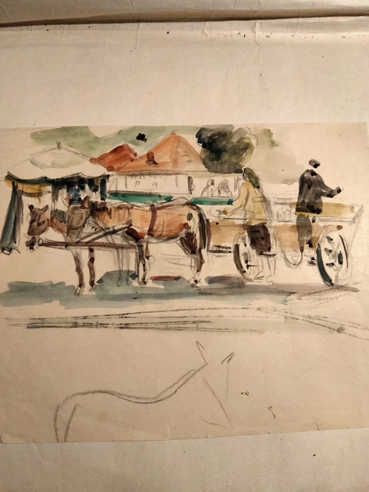 Caruta de piata cu doi cai, acuarela pe hartie, Scene gen, Impresionism