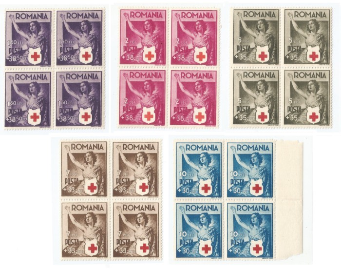 |Romania, LP 145/1941, Crucea Rosie, blocuri de 4 timbre, MNH