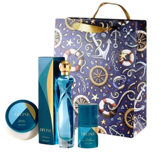 Set Divine pentru dama (parfum 50 ml, crema corp 250, roll-on 50) si punga cadou inclusa