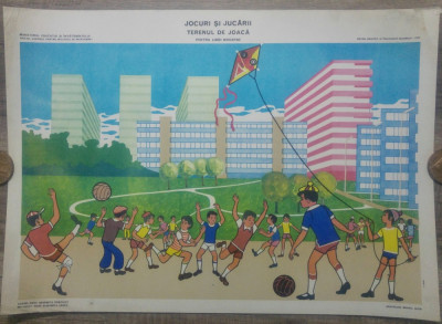 Jocuri si jucarii, terenul de joaca// plansa pedagogica din perioada comunista foto