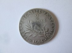 Franta 2 Francs 1914 argint,moneda din imagini,diametrul=27 mm,greutate=10 grame