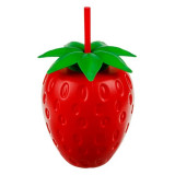 Pahar in forma de capsuna cu pai,plastic,rosu,900 ml