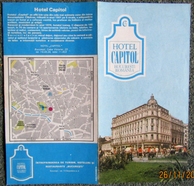 Hotel Capitol Bucuresti 1970.Reclama cu harta,pliant in trei limbi de circulatie foto