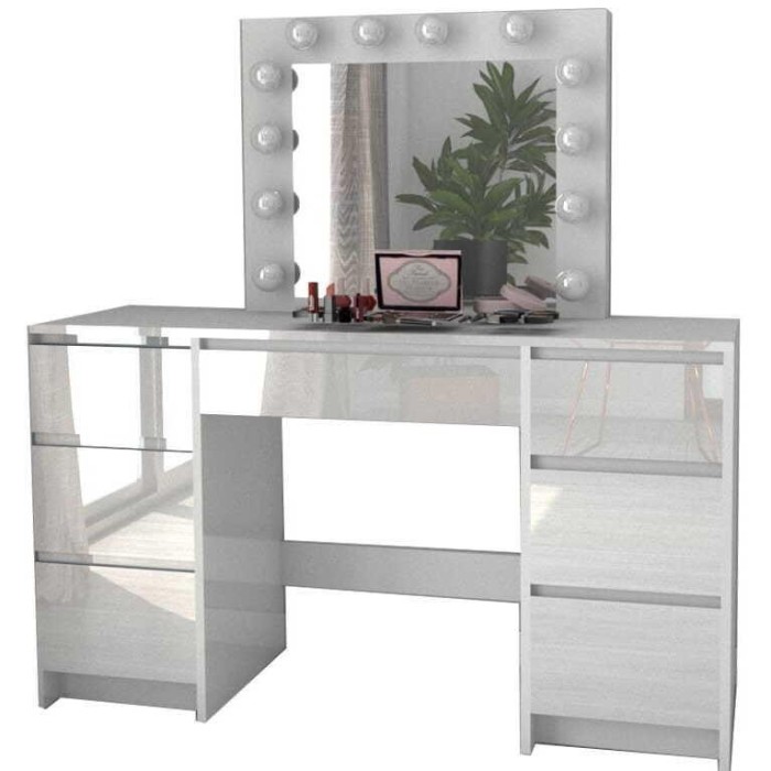 Masa de toaleta/machiaj, alb lucios, cu oglinda si LED-uri, Vanessa, 130x43x143 cm GartenVIP DiyLine