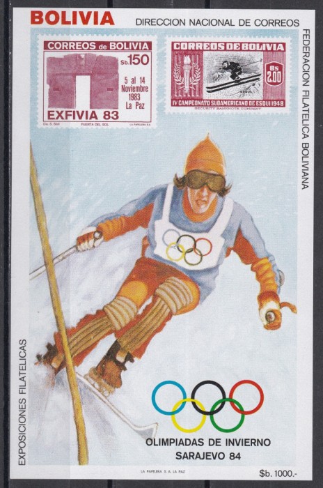 Bolivia 1984 - J.O. de iarnă - Sarajevo, Colita, Tiraj 5.000, Cota 32 Euro, MNH