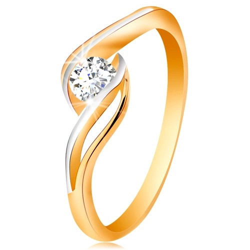 Inel din aur 585 - zirconiu transparent, braţe despicate şi ondulate - Marime inel: 49