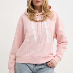 Armani Exchange hanorac de bumbac femei, culoarea roz, cu glugă, cu imprimeu