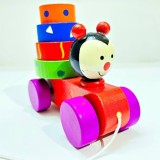 Jucarie Lemn de Tras Buburuza cu Turn Stivuire, Rosu, Montessori, Motricitate, Coordonare, Sigura, Educativa, Copii, Bebe