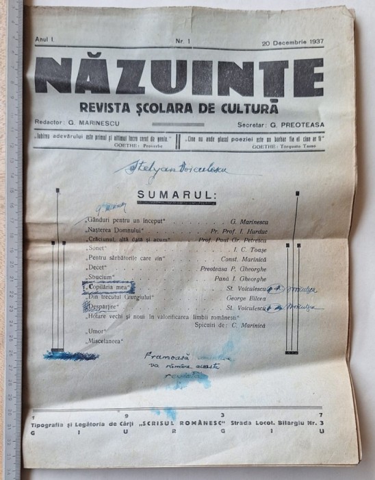 &bdquo;Revista școlară Năzuințe, Giurgiu 1937 &ndash; Anul I Nr. 1 &ndash; rar interbelic&rdquo;
