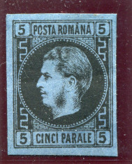 1866 , Lp 19 , Carol I cu favoriti 5 Parale negru / h. albastra , groasa - M.H. foto