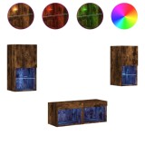 Cumpara ieftin Comode TV de perete cu lumini LED, 4 piese, stejar fumuriu
