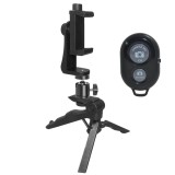 Suport telefon multifunctional cu mini trepied, cap de bila flexibil si telecomanda Bluetooth, prindere prin surub 10 cm, montura 1 4 inch, ABS negru