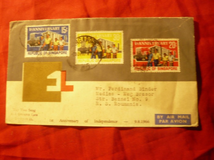Plic FDC Par Avion - Aniv. Independentei Singapore 1966 , circ.la Medias