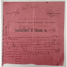 PUBLICATIUNE DE VANZARE , EMISA DE PRIMARIA SECTORULUI I GALBEN , BUCURESTI , 1938