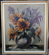 Tablou vechi Vas cu Floarea soarelui pictura in ulei inramat 82x70cm foto