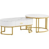 Set de 2 Măsuțe de Cafea Moderne cu Structură din Metal Auriu și Rafturi Spațioase, Dimensiuni 100x48x38,5 cm și 70x70x44,5 cm, Alb