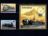 DPR Korea 1984 - Locomotive, trenuri, Expo Essen, serie si colita neuzata