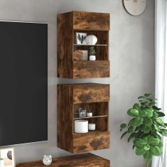 vidaXL Comode de perete cu lumini LED pentru TV, 2 buc. stejar fumuriu, 40x30x60,5cm