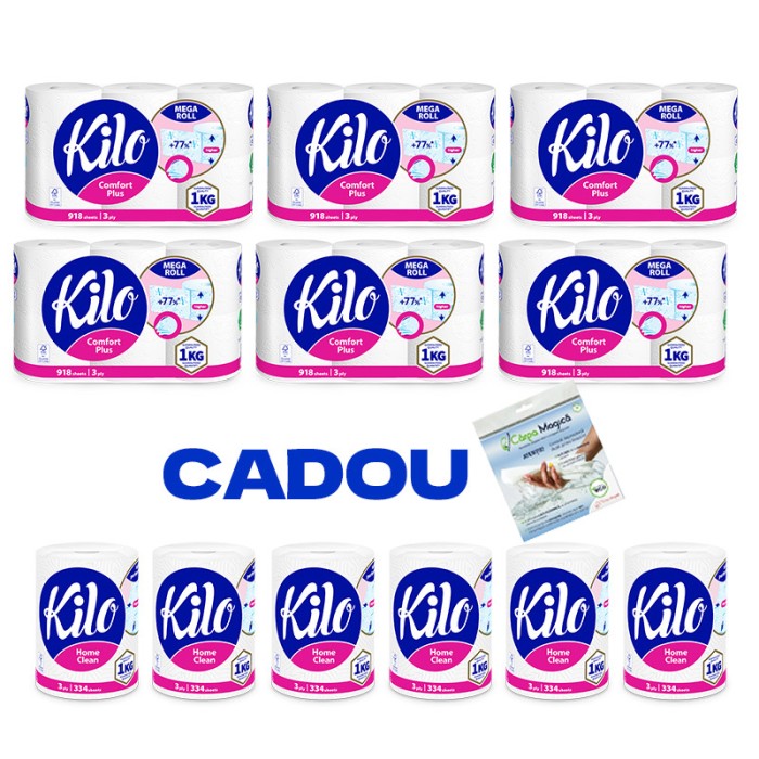 Pachet: 36 role Hartie igienica Kilo Confort, 6 kg, 3 straturi + 6 Prosop de hartie Kilo Confort monorola, 3 straturi + Carpa magica cadou