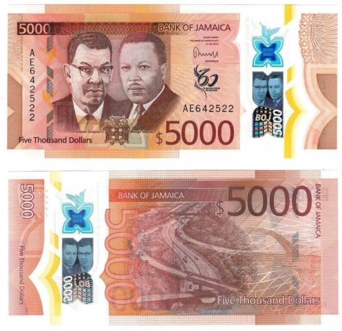 Bancnota Jamaica 5.000 Dolari 2022 - P101 UNC ( polimer, comemorativa - vezi descriere )