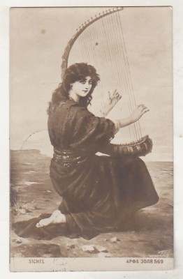 bnk cp Felicitare Sichel - Femeie cu harfa - circulata Rusia 1914 foto