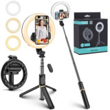 Selfie Stick Stabil cu Lampa Circulara, 80cm - Techsuit (Q07) - Black