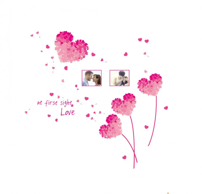 Sticker decorativ, flori roz in forma de inima cu 2 rame foto, 185 cm, 1261ST
