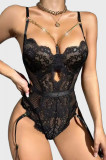 Lenjerie erotica intima sexy eleganta tip body din dantela, ajustabil pe corp cu sustinere metalica, portjartier si lanturi, chilot brazilian, negru,