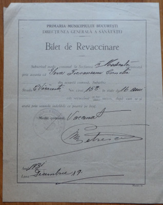 Primaria municipiului Bucuresti , Certificat de revaccinare , 1931 foto