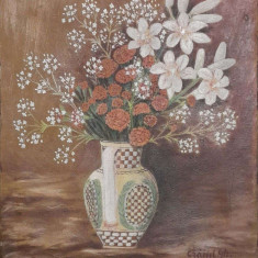 tablou Cana cu flori, ulei pe panza caserata 47x40 cm Gh. Craiut