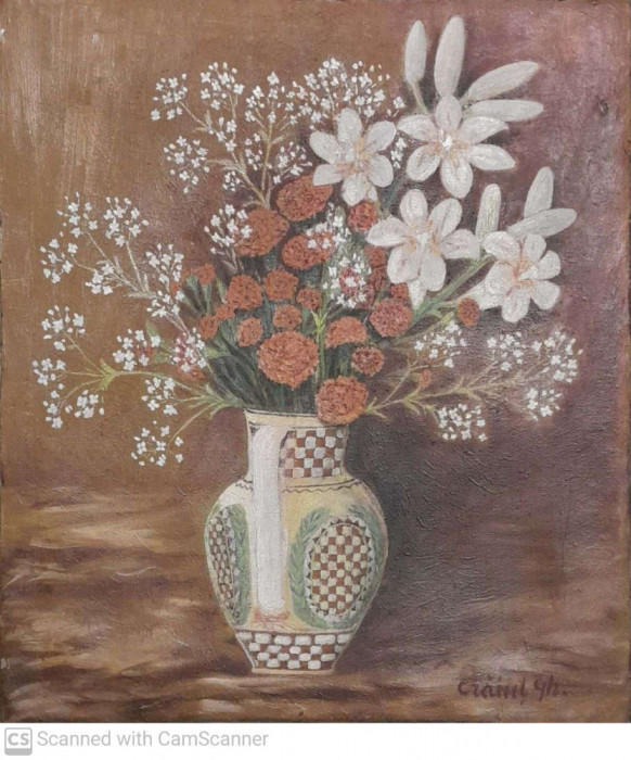 tablou Cana cu flori, ulei pe panza caserata 47x40 cm Gh. Craiut