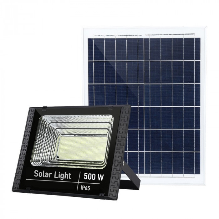 Proiector LED SMD 500W cu incarcare solara Flippy, panou solar, cu telecomanda, suport prindere, material ABS, 18AH, 400 LED-uri, temperatura culoare