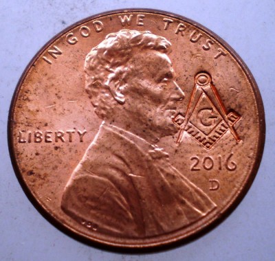 F.185 USA SUA 1 LINCOLN CENT 2016 D XF/AUNC MASONIC MASON MASONERIE CONTRAMARCA foto
