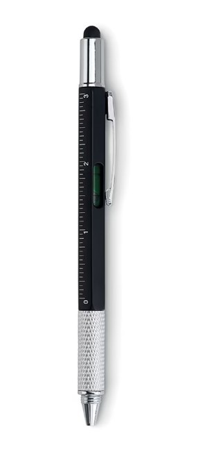 Pix multifunctional 3 in 1 cu rigla gradata si varf touchscreen, negru argintiu, 15 cm, design compact
