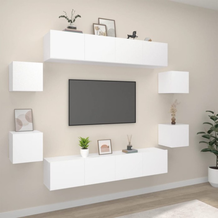 Set dulap TV, 8 piese, alb, lemn prelucrat