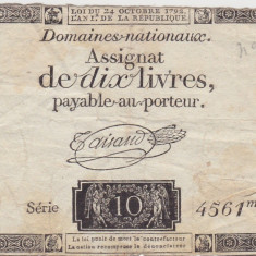 FRANTA ASIGNATA ASSIGNAT 10 LIVRES OCTOMBRIE 1792 SIGN. Taisaud WTMK. RP FR F