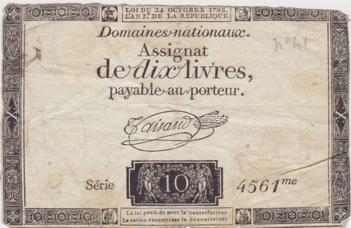 FRANTA ASIGNATA ASSIGNAT 10 LIVRES OCTOMBRIE 1792 SIGN. Taisaud WTMK. RP FR F