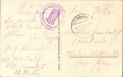 HST CP58 Carte poștală 1916 ștampilă Feldpost + Feldlazaret nr 1 foto