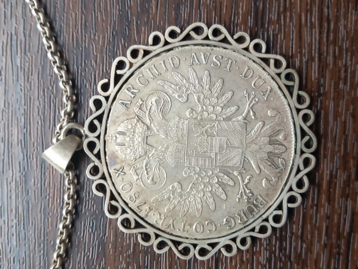 (146) LANTISOR DIN ARGINT SI PANDATIV 1 TALER MARIA THERESIA, SUPERB, 51.3 GRAME