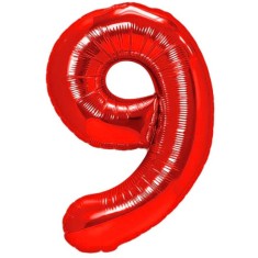 Balon din folie metalizata flippy, figurina cifra, tema aniversare 40 cm, ambalaj individual, pai inclus, umflare cu aer sau heliu, rosu, cifra 9