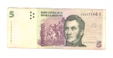 Bancnota Argentina 5 pesos 2014-2015, seria I, circulata, stare buna