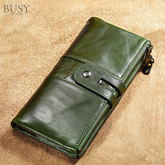 Portofel dama, BUSY LDY&amp;GTM&reg; Gaya, piele naturala, antiscanare carduri RFID, compartiment smartphone, sloturi sim si memory card, verde