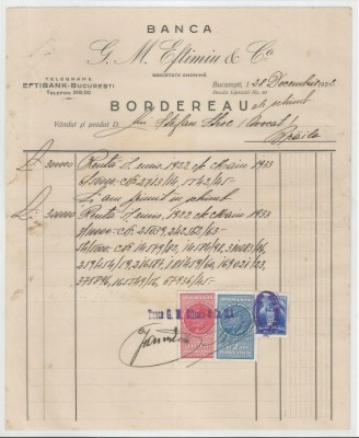 Romania, Banca G.M. Eftimiu &amp;amp; Co, Borderoy, Bucuresti, 1932 foto