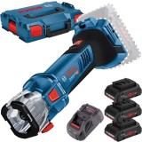 Bosch GCU 18V-30 + 0615990L1R - Masina de frezat gips-carton 3.17 3.96 6.35 mm + Set 3 acumulatori si incarcator Li-Ion 18 V 4 Ah valiza speciala