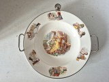 Farfurie vintage cu &icirc;ncălzire pentru copii &bdquo;Albă ca Zăpada&rdquo; &ndash; Porțelan și metal marcat &ndash; Cu reparație