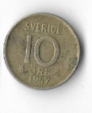 Moneda 10 ore 1957 - Suedia, 1,44 g argint 0,400